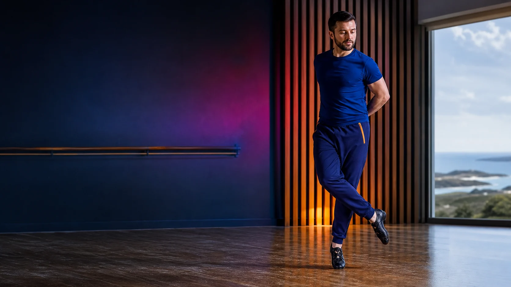 Adult Sean-nós dancer practising in a contemporary studio
